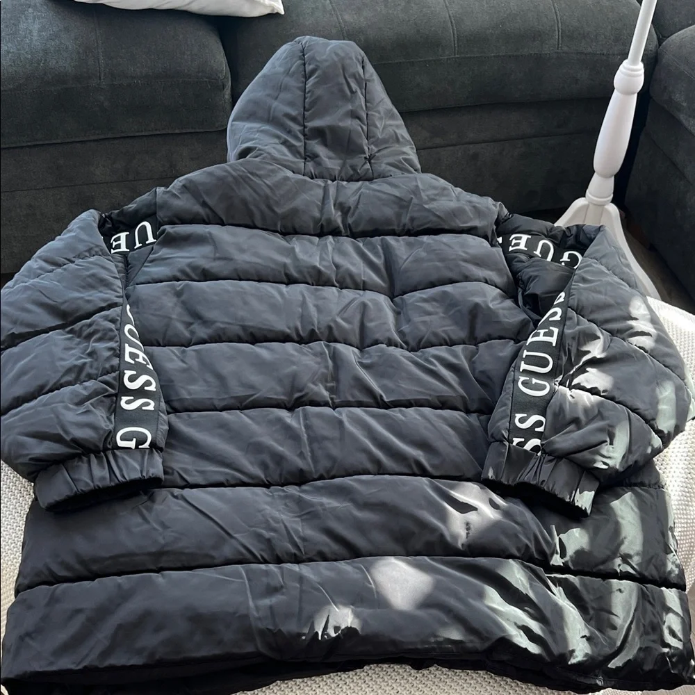 Guess Black Quilted Jacket with Logo Sleeves